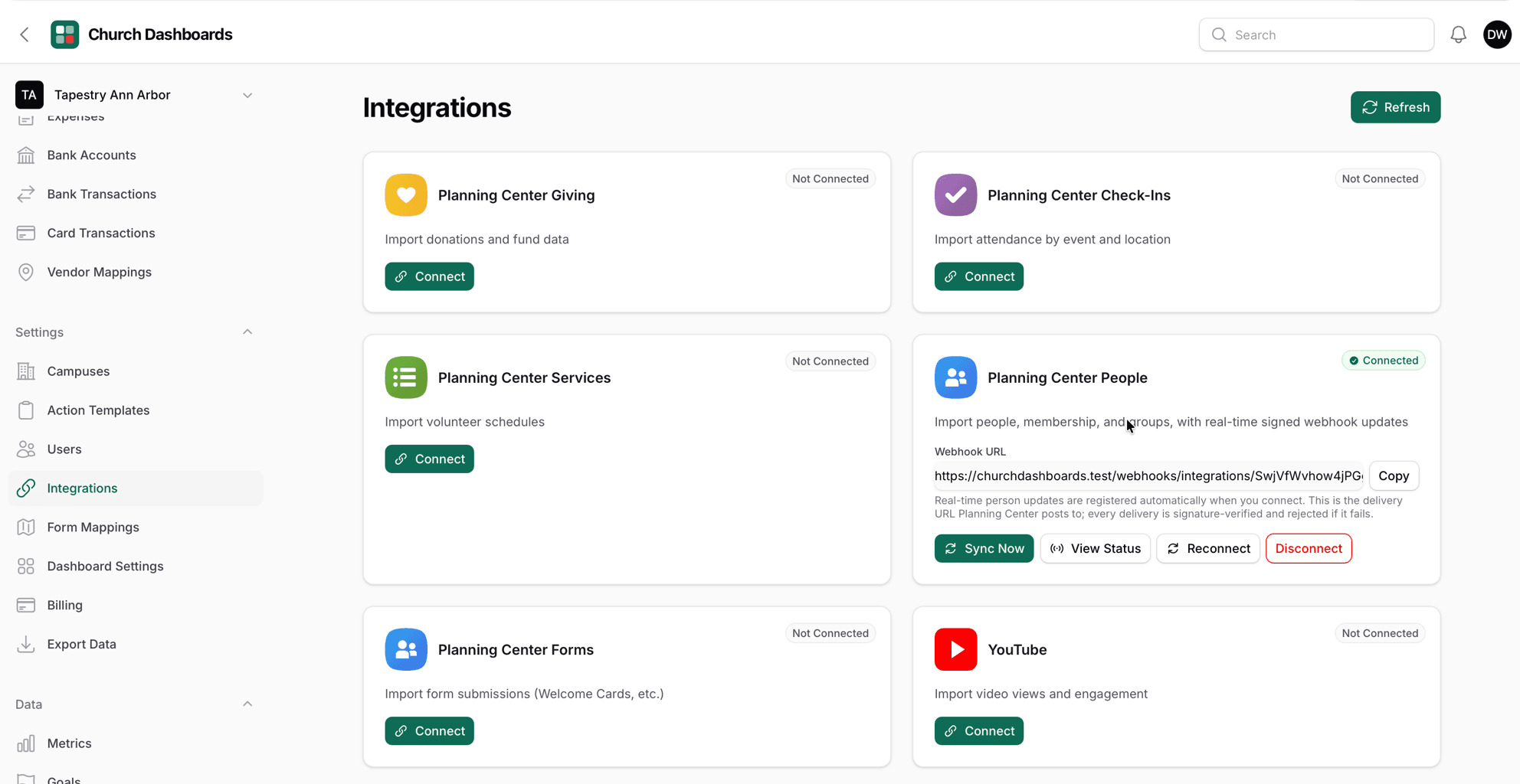Church Dashboards integrations settings before connecting, with Planning Center People connected and Giving, Check-Ins, Services, and Forms still showing Not Connected
