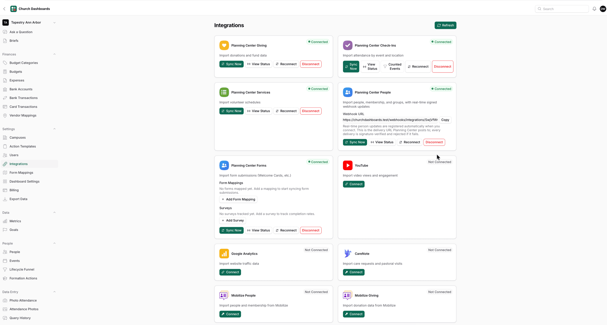 Church Dashboards integrations settings after connecting all five Planning Center products — Giving, Check-Ins, Services, People, and Forms all showing Connected with Sync Now controls